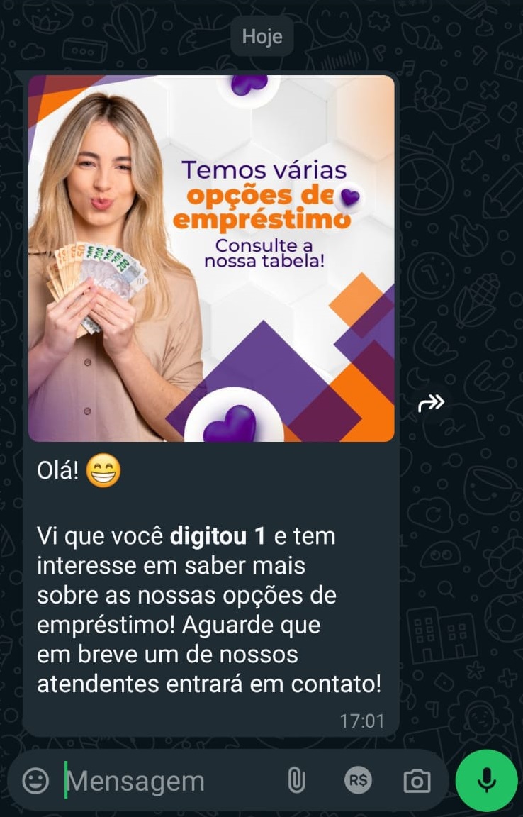 Imagem de WhatsApp mostrando opções de empréstimo
